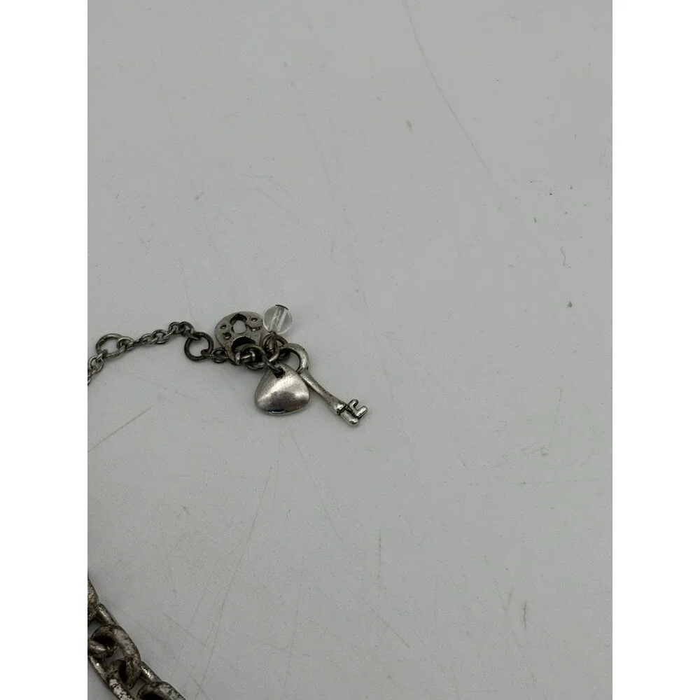 Fossil Silver Tone Chain Necklace Key Heart Charm Mixed Metal Rhinestone 18”